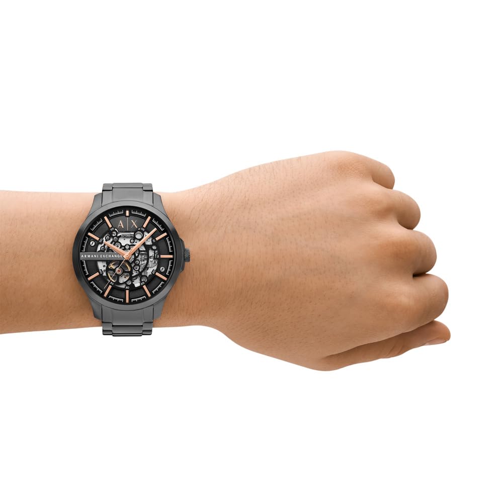 Armani Exchange Orologio da uomo, Movimento automatico a tre lancette e cassa da 46 mm con cinturino in Acciaio inossidabile, Carbón