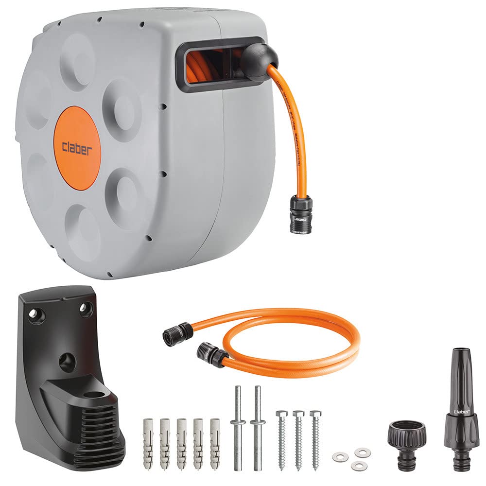 Claber Rotoroll Evolution 30 m, Soporte portamanguera automático para montaje mural provisto de Slow Rewind