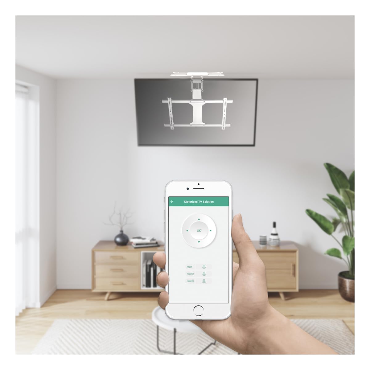 my wall Soporte de techo motorizado para TV - HL49MWL, Smart Home, compatible con Alexa y Google Home, control por voz, soporte de techo eléctrico, plegable, giratorio, mando a distancia o control por