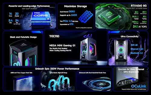 PC Gaming Mini - MEGAMINI G01, Intel® Core™ Intel i9-13900H, 32GB RAM, 1 TB SSD, GeForce RTX™ 4060 Desktop 140w, Windows 11 Home, Watercooled, Gris Oscuro