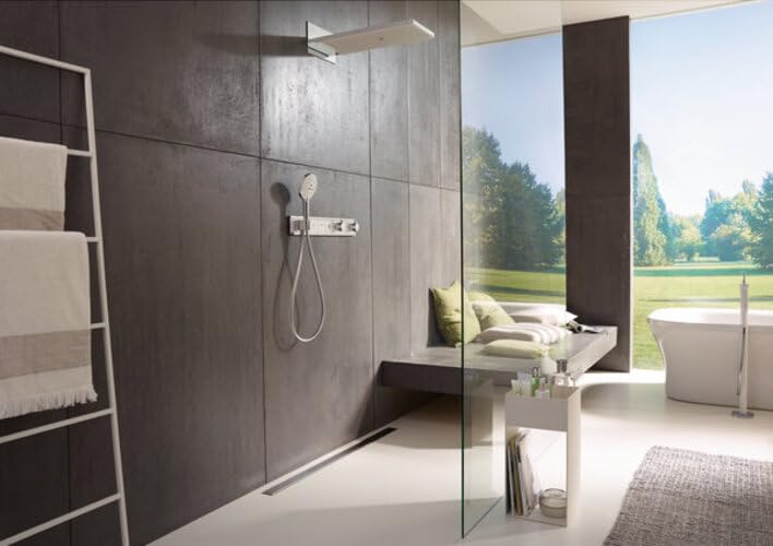 hansgrohe Rainmaker Select - rociador de ducha con conexión a pared, ducha fija rectangular (586 x 258 mm), cabezal de ducha lluvia 3 tipos de chorro para conexión pared, blanco/cromo, 24001400