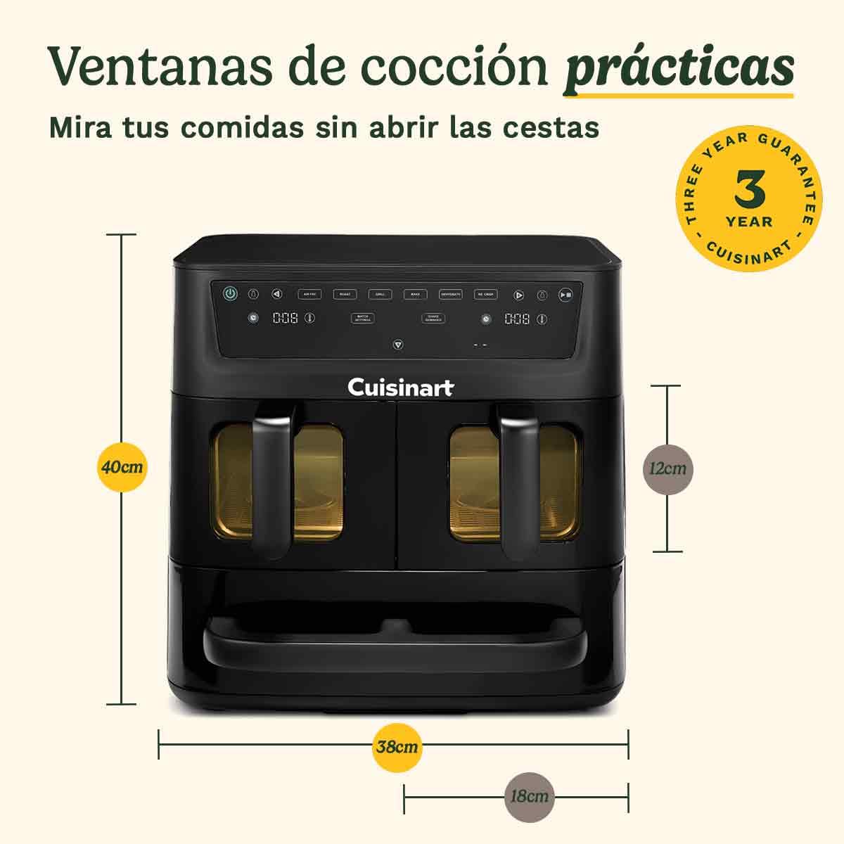 Cuisinart Tri Zone Freidora y Horno 13,6 L | Sin PFAS | 3 zonas, 2x4,3 L + 5 L | 9 funciones: aire, asar, grillar, hornear, recalentar, deshidratar, pizza, tostar, manual | Negro Ventana