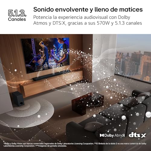 LG S90TY - Barra de Sonido Inteligente, 570W, 5.1.3 Canales, Sonido Envolvente Dolby Atmos y DTS, Amplia Conectividad, Bluetooth, USB, Entrada Óptica, Negro