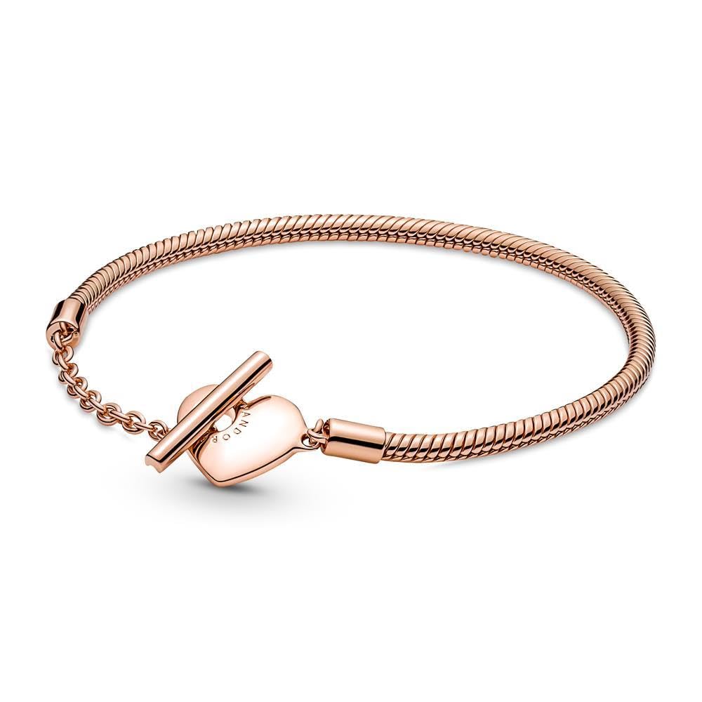Pandora Moments Pulsera con cadena de serpiente chapada en oro rosa de 14 quilates con cierre en forma de corazón y barra en T, 21