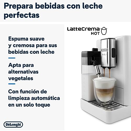 De'Longhi Rivelia EXAM440.55.W, Cafetera Superautomática con LatteCrema Hot, Espumador de Leche Automático, Tamaño Compacto, 16 Recetas, Pantalla Táctil a Color, Blanco Ártico