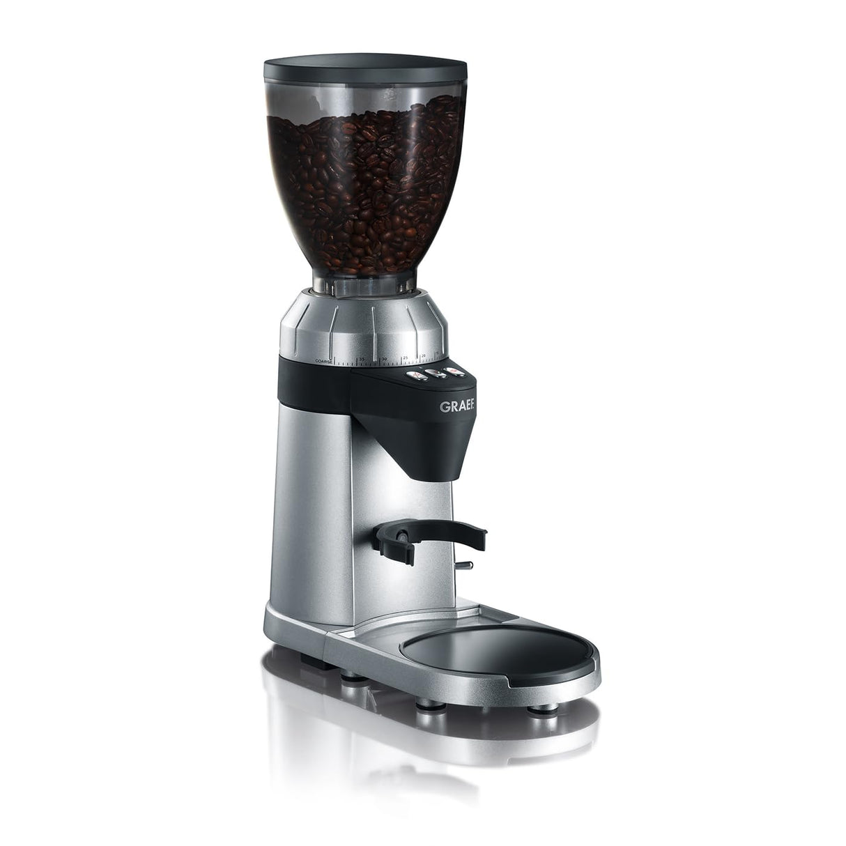 GRAEF Molinillo de café CM900, 40 niveles de molido, molido a demanda, dosificación automática, depósito de 350 g, función programable, recipiente extraíble, color plateado