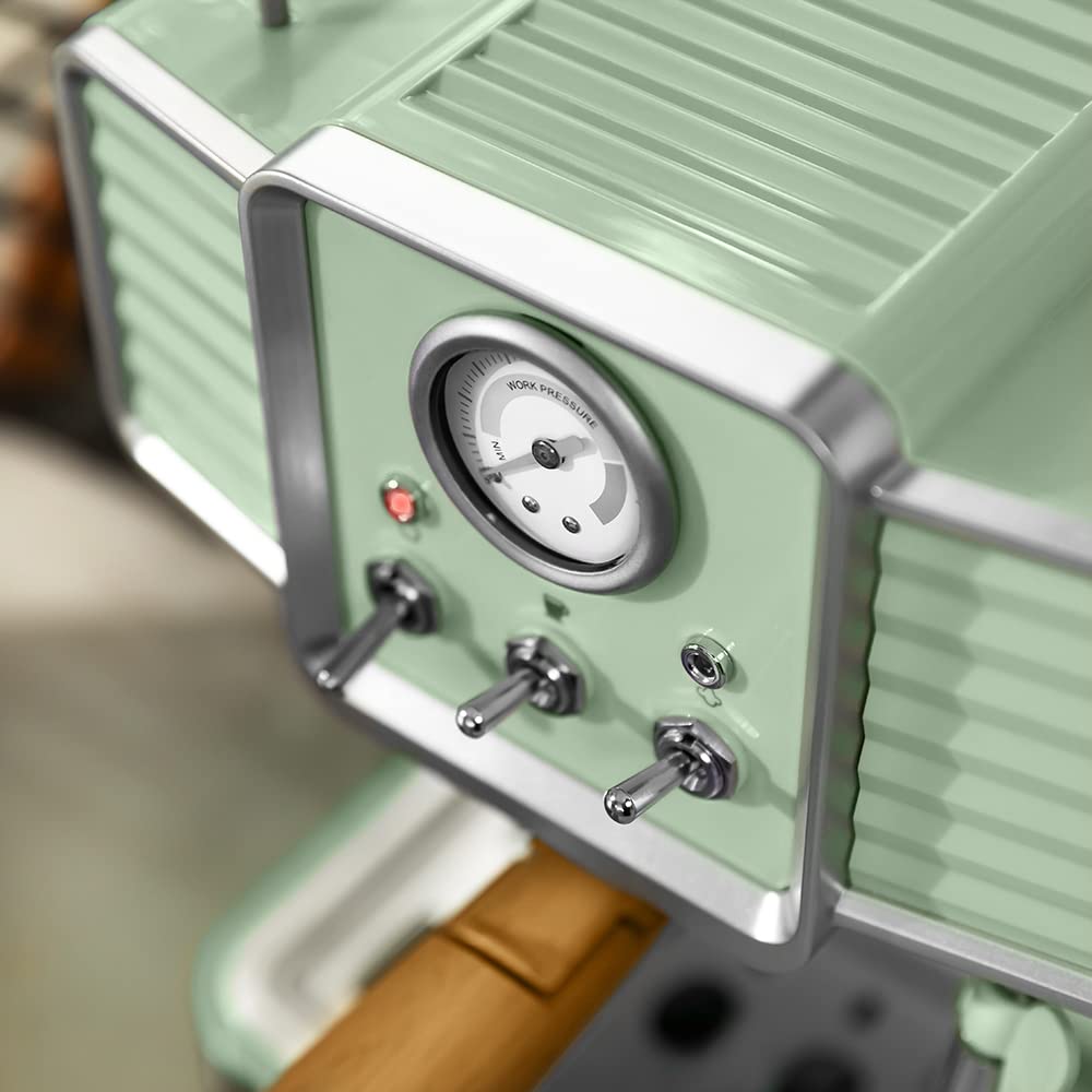 Cecotec Cafetera Express Power Espresso 20 Tradizionale Light Green. 1350 W, Espresso y Cappucicno, 20 Bares y Thermoblock, Vaporizador, Manómetro, Diseño Vintage, Capacidad 1,5 Litros