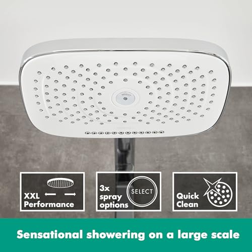 hansgrohe Raindance Select E - sistema de ducha con termostato, ducha lluvia (300 x 190mm) con grifo, ducha de mano (3 tipos de chorro), flexo, barra, ducha fija rectangular, cromo, 27127400