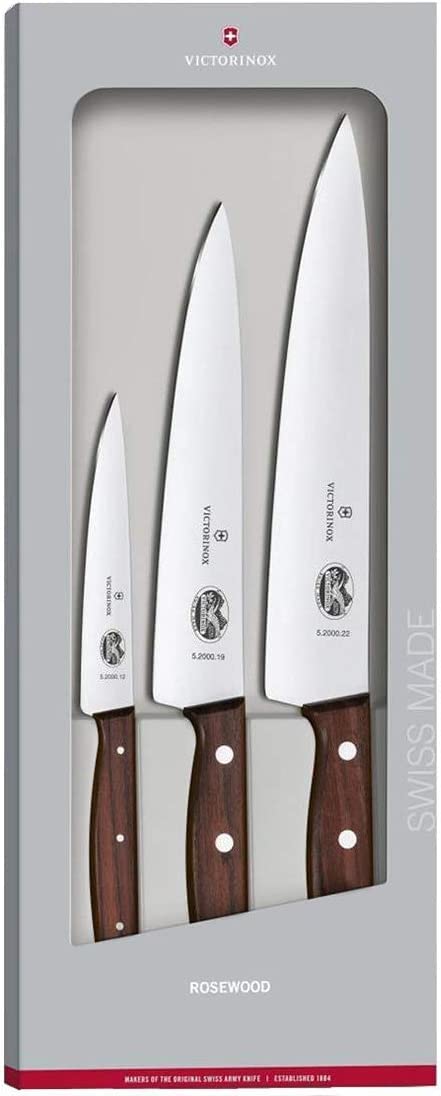 Victorinox Wood, set de trinchar profesional, 3 piezas, afilado recto, extra afilado, elegante mango de madera, marrón