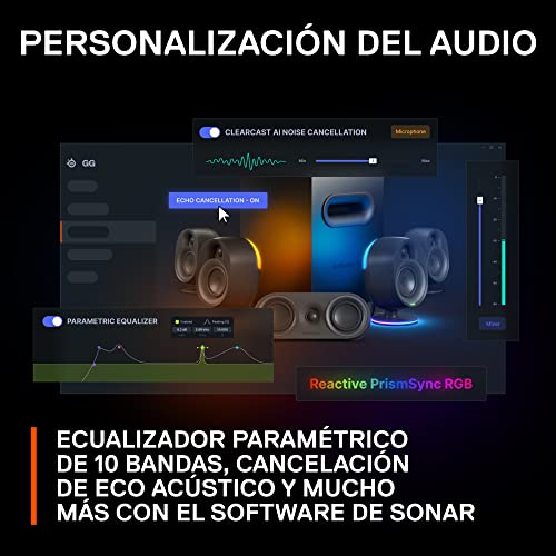 SteelSeries Arena 9 - Altavoces gaming 5.1 – Sonido envolvente USB 5.1 – Altavoces traseros inalámbricos – Diseño de altavoces de 2 vías – Subwoofer – Iluminación RGB reactiva – USB, Bluetooth