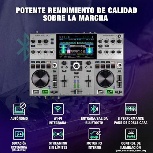 Denon DJ PRIME GO+ Controlador DJ portátil y mezclador con separación de stems, 2 decks, streaming por wifi, Bluetooth, control de luces y pantalla 7"