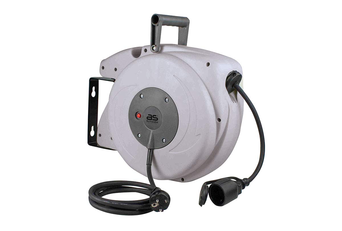 as - Schwabe Carrete de cable retráctil automático 18 m H07RN-F 3G1,5 - Enrollador de manguera - 180° Giratorio - 2 m de cable de conexión - desmontable - enrollacables para exterior IP44, 12647