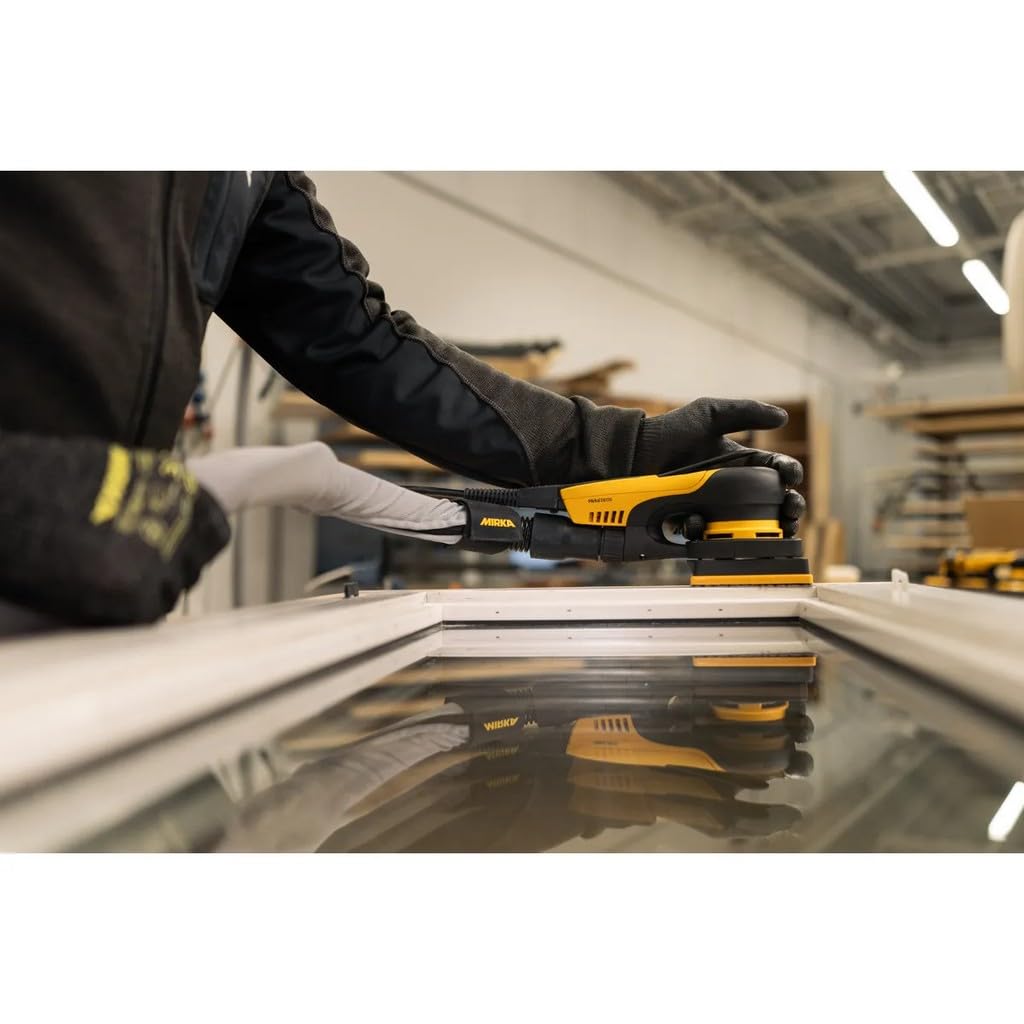 Mirka® DEOS II 343 75x100mm Hub 3.0. La Mirka DEOS es una lijadora orbital eléctrica, perfecta para trabajos de madera y pintura, especialmente para puertas, ventanas, esquinas y lugares de difícil
