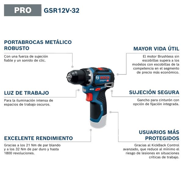 Taladro/atornillador a batería GSR 12V-32 con Bosch Professional 12V System (KickBack Control óptimo, motor Brushless sin escobillas, incl. baterías de 2,0 Ah, cargador GAL 12V-20, L-BOXX)
