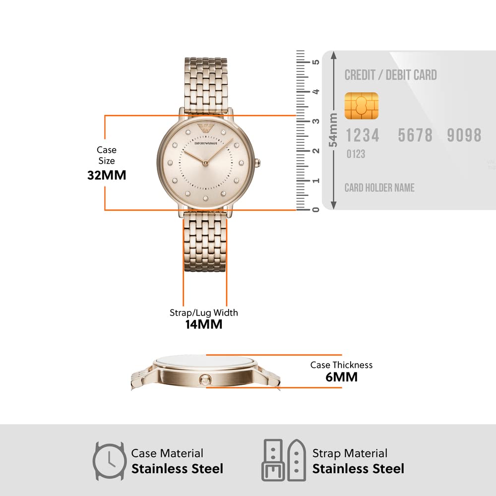 Emporio Armani Reloj de señora, movimiento de dos manecillas, caja de acero rosa de 32 mm con correa de acero, AR11062, Tono dorado claro