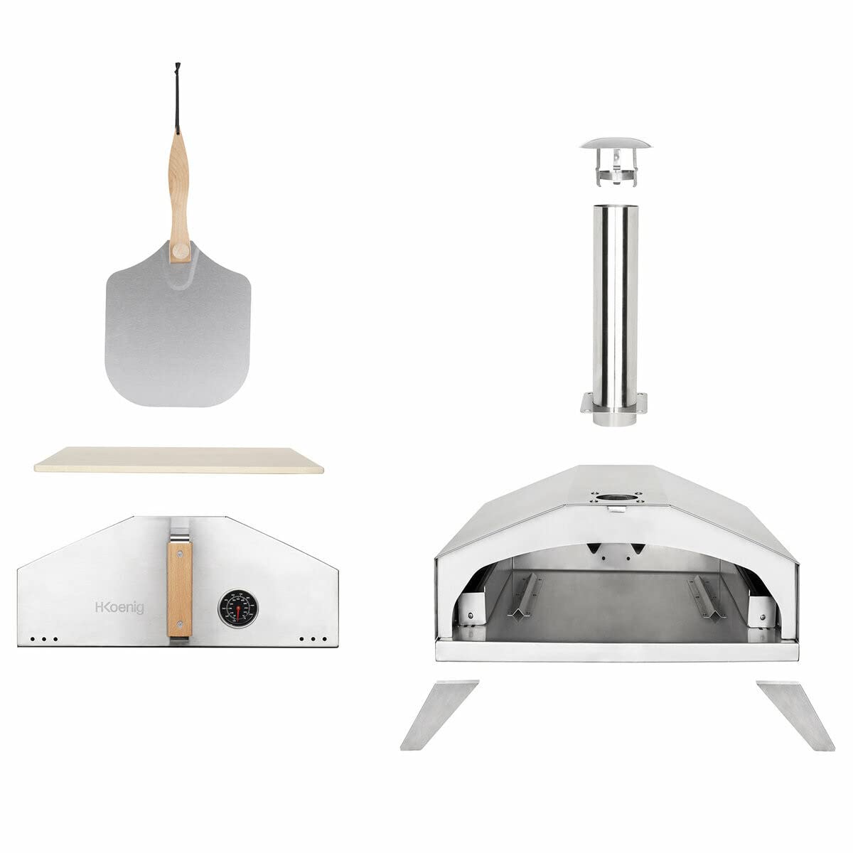 Horno de pizza a gas H.Koenig GINO440, Acero inox, Superficie 30.5x30.5 cm, Piedra de pizza Cordierite, hasta 450°C, Puerta y chimenea desmontables, Termómetro incorporado, Pizza peel incorporada