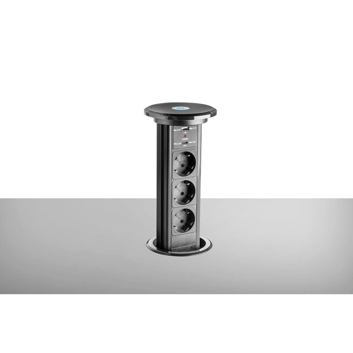 Ekotech Enchufe retráctil ET111 – Torre con función de carga QI USB-C & A y 3 enchufes Schuko 230 V, aluminio negro