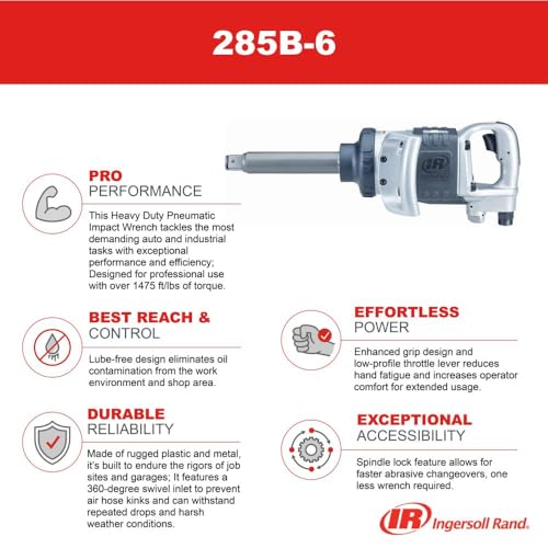 Ingersoll-Rand 1" 285B-6 Llave de Impacto Neumática, Acoplamiento de Impacto de Alta Resistencia, Yunque Extendido de 6", 2 Asas, Alta Precisión, Accesibilidad y Control