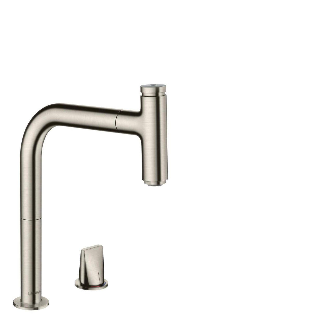 hansgrohe Metris Select M71 Grifo monomando de cocina de 2 agujeros 200, caño extraíble, 1 tipo de chorro, sBox, acabado de acero inoxidable, 73804800