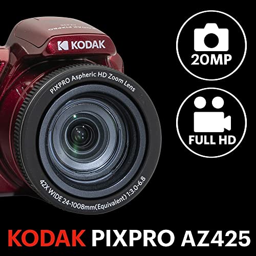 KODAK Pixpro Astro Zoom AZ425 - Cámara Digital Bridge, Zoom Óptico 42X, Gran Angular de 24 mm, 20 Megapíxeles, LCD 3, Video Full HD 1080p, Batería Li-ion - Roja
