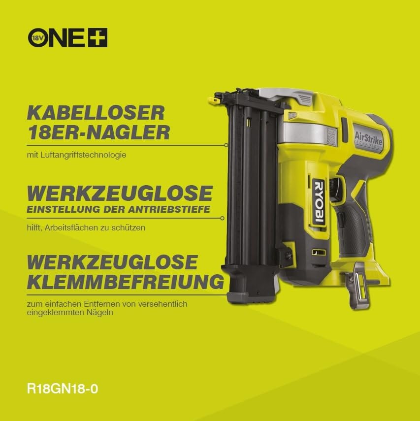 Ryobi - Clavadora 18G de Aire Comprimido 18V ONE+ para Sacar Clavos de 15 a 50 mm sin Compresor ni Cartucho de Gas - Sistema de Liberación de Clavos (Batería y Cargador no Incluidos) - R18GN18-0