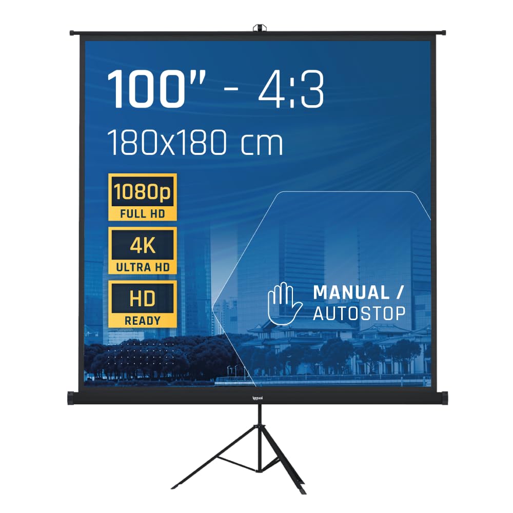 iggual Pantalla Proyección 100" Cuadrada-Portátil Manual Enrollable con Trípode- Visión 180º- Compatible 4K y Cualquier Proyector- Altura Ajustable- Bolsa Transporte y Trípode Incluido (180x180 cm)