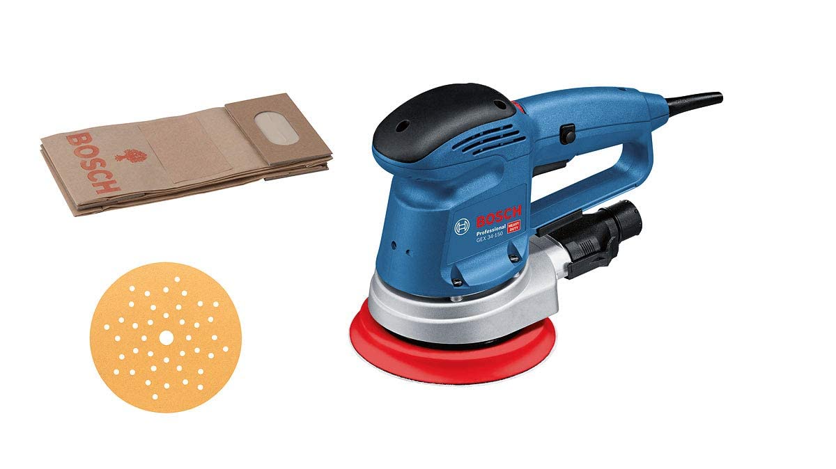 Bosch Professional lijadora excéntrica GEX 34-150 (incl. ⌀ plato de lijado 150 mm, disco de lijado C470 para madera, adaptador para aspiración, bolsa de papel para polvo)