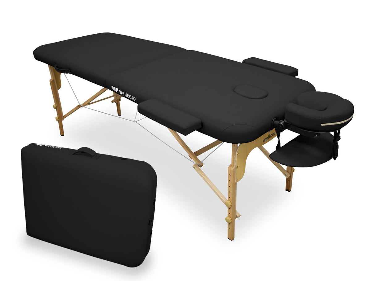 QUIRUMED Camilla de Masaje Plegable WELLCORE, Fabricada en Madera, Polipiel, 185 x 65 cm, Altura Regulable, Cabezal extraÃble, Dos Brazos de ampliación, Agujero Facial, Color Negro, hasta 225 kg