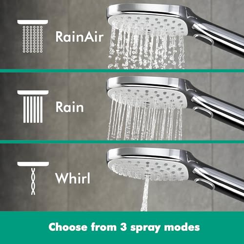 hansgrohe Raindance Select E - sistema de ducha con termostato, ducha lluvia (300 x 190mm) con grifo, ducha de mano (3 tipos de chorro), flexo, barra, ducha fija rectangular, cromo, 27127400