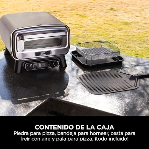 Ninja Artisan Horno air fry y pizza de exterior, 4 funciones: Pizza, Freír con aire, Hornear, Fermentar, 5 ajustes de pizza, Piedra de 30 cm, Pala, Bandeja, Cesta para freír con aire, Gris MO201EU