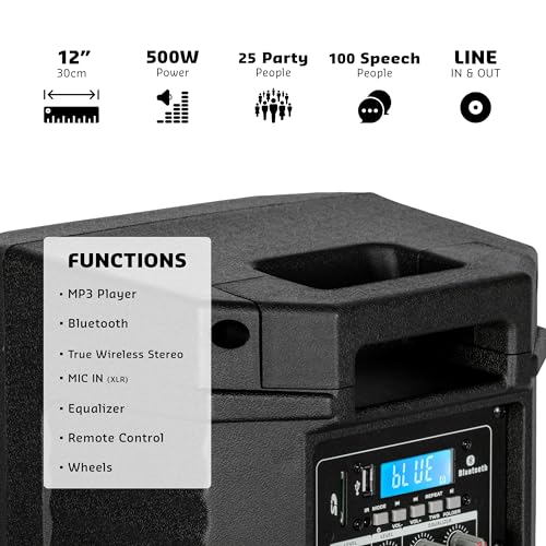 Ibiza - XTK12A-MKII - Altavoz Activo para megafonía de 12"/30 cm - Tweeter de compresión de 25 mm - Sistema Bass Reflex - USB, SD, Bluetooth - TWS - Asas y Ruedas - Novedad - Fiestas, Karaoke