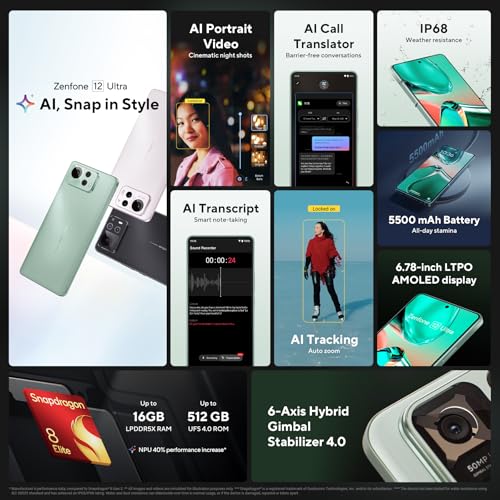 ASUS Zenfone 12 Ultra, Oficial UE, Negro ébano, 16GB de RAM, 512GB de Memoria, Snapdragon 8 Gen Elite, 6.78" AMOLED 144Hz, 50MP cámara con Gimbal