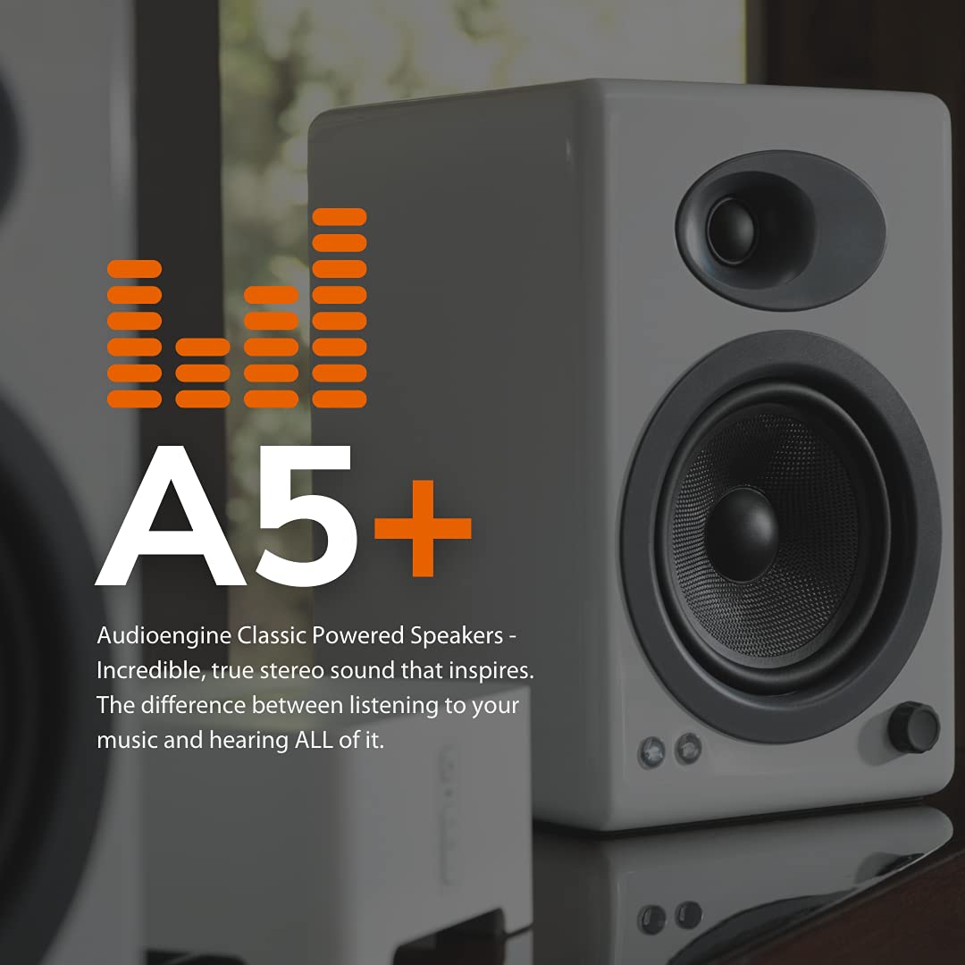 Audioengine A5+ Classic 150W Altavoces de estantería/Amplificador Analógico Incorporado/Control Remoto/Entradas RCA y 3.5mm. / Cables Incluidos (Classic, Blanco)