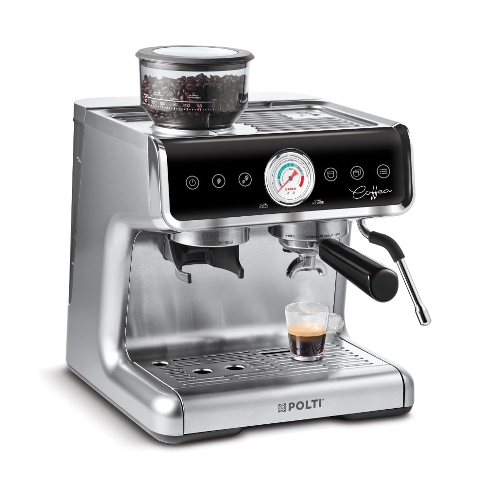 Polti Coffea G50S Cafetera con Molinillo de Café en Grano Integrado, para Espresso y Cappuccino, 30 Niveles de Molido, Steamymilk Profesional para Espumado de Leche, Plata