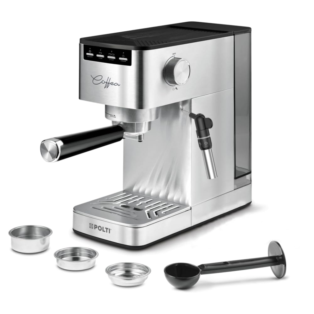 Polti Coffea P10S Cafetera Manual para Espresso y Cappuccino Compatible con Café Molido y Cápsulas Monodosis E.S.E. de 44 mm, Vaporizador para Espumar y Vaporizar la Leche, Depósito de 1.3 L, Plata