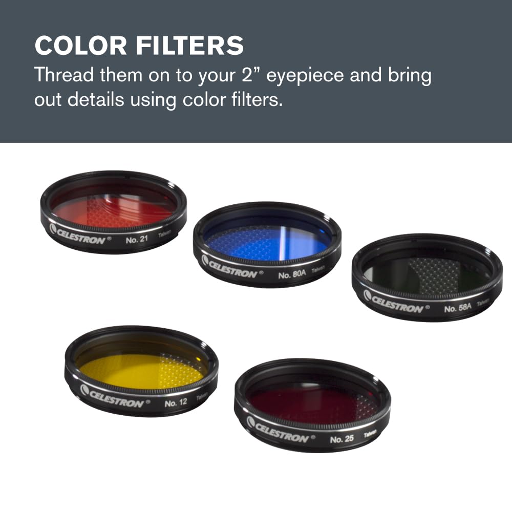 Celestron 94305: ocular 2 pulgadas y kit de filtros, 12 uds. - Espejo diagonal 2", adaptador diagonal, 3 oculares E-lux 2", 2 lentes de Barlow, filtros de 5 colores, funda rígida de aluminio, plateado
