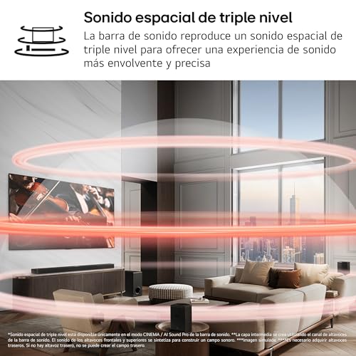 LG S90TY - Barra de Sonido Inteligente, 570W, 5.1.3 Canales, Sonido Envolvente Dolby Atmos y DTS, Amplia Conectividad, Bluetooth, USB, Entrada Óptica, Negro