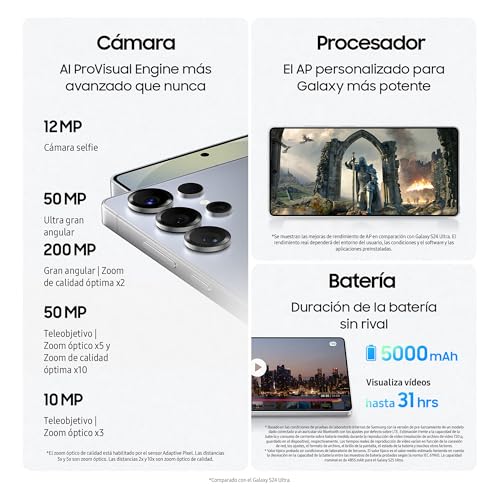 Samsung Galaxy S25 Ultra 256GB Teléfono Móvil con IA, Galaxy AI, 12GB RAM, Cámara 200MP, Dual SIM, IP68, Garantía del Fabricante 3 Años + 1 Año Extra, Titanio Plata (Versión Española)