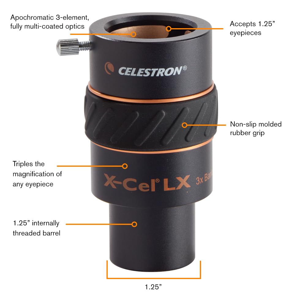 Celestron 93428 1.25" X-Cel LX: lentes Barlow 3x, negro