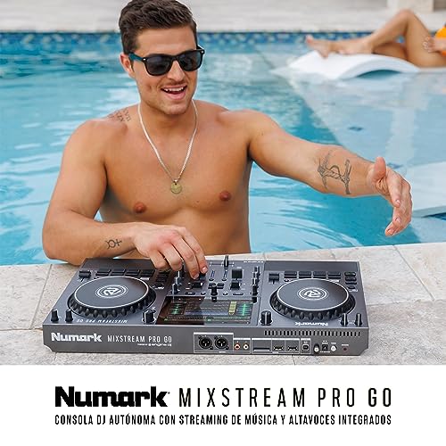 Numark Mixstream Pro Go - Controlador DJ portátil, batería, mezclador con separación de stems, altavoces, streaming wifi, pantalla táctil y Serato DJ