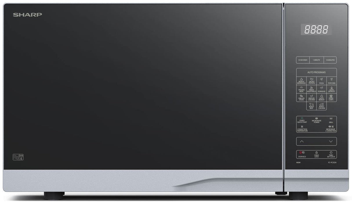 SHARP YC-PC322AE-S Microondas con grill y aire caliente (1000 W, 32 L, 10 niveles de potencia, función eco, función descongelador), color plateado y negro