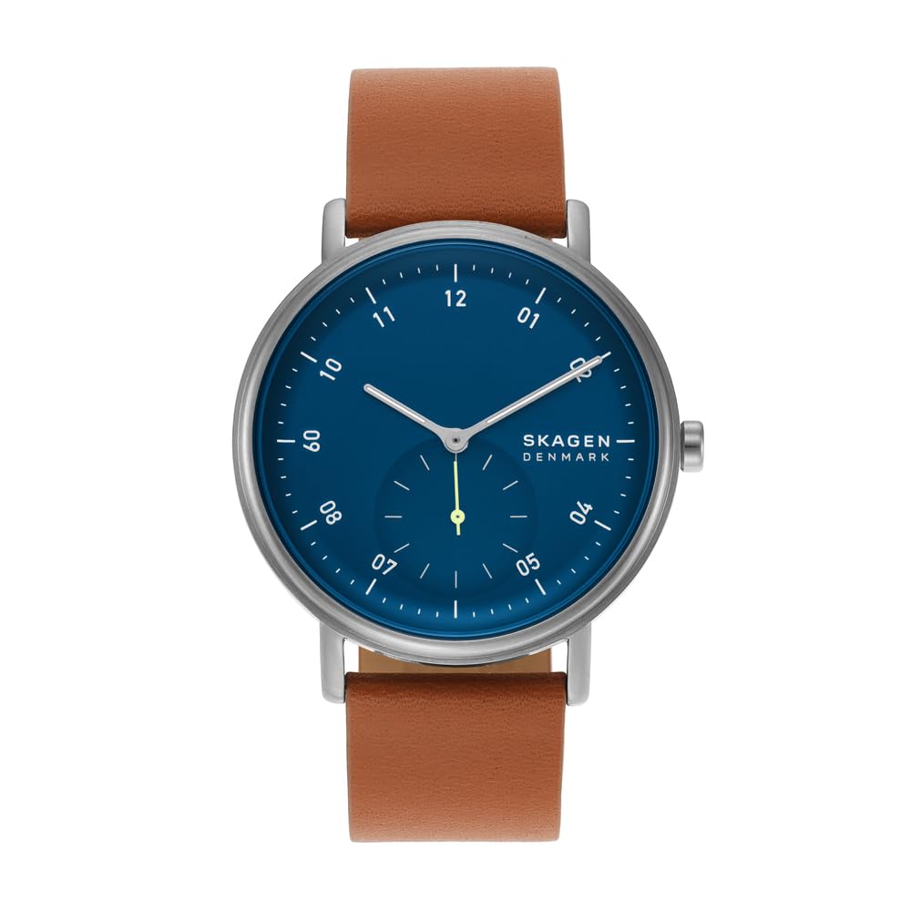 Skagen Kuppel Reloj para Hombre, Movimiento cronógrafo de Cuarzo con Correa de Acero Inoxidable o Piel, Marrón y Azul, 44MM