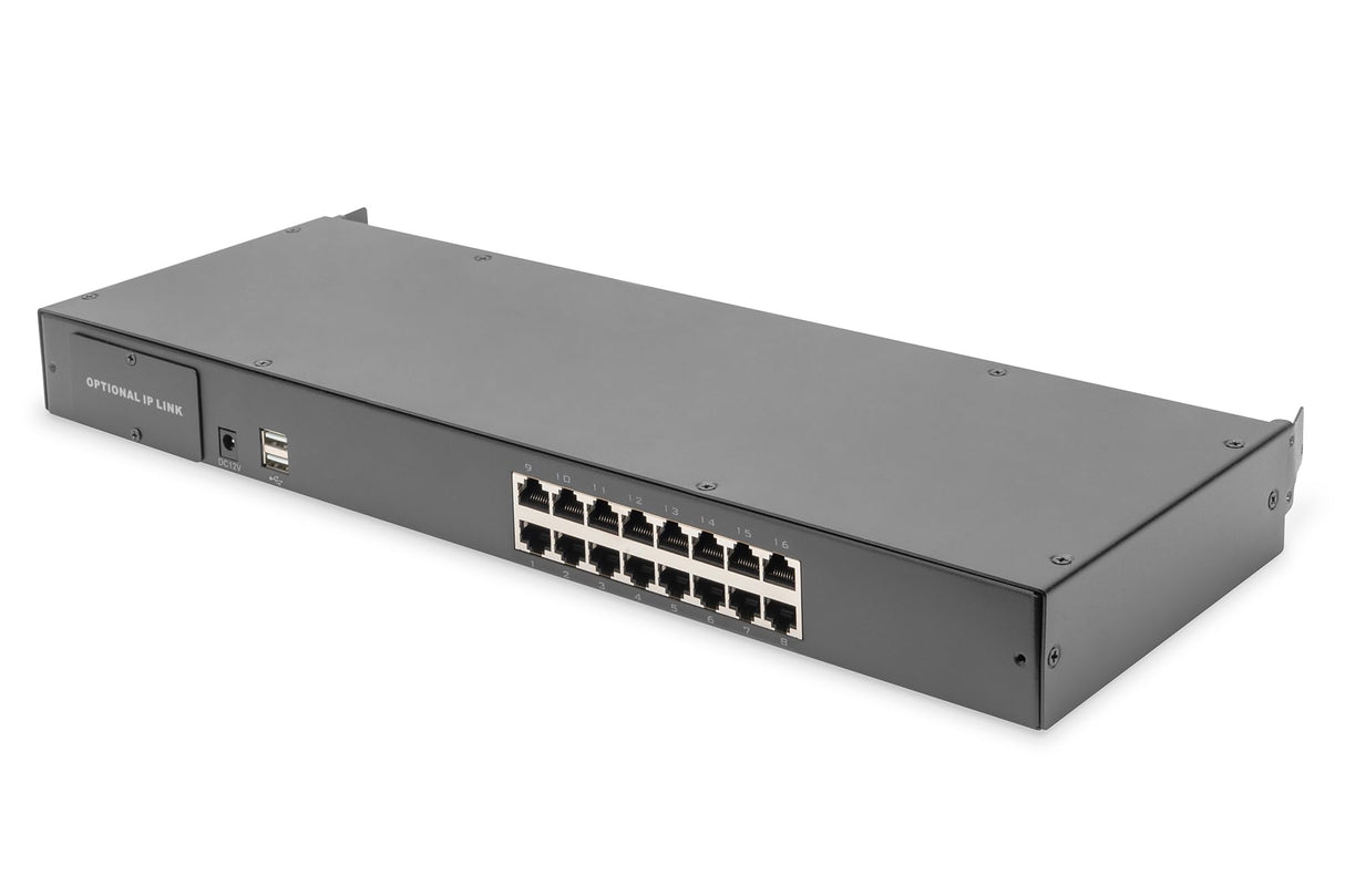 DIGITUS Consola KVM de 17" - FullHD - Conmutador de 16 Puertos Cat 5 - Teclado GE - para armarios de Servidor y de Red de 19 Pulgadas - Negro