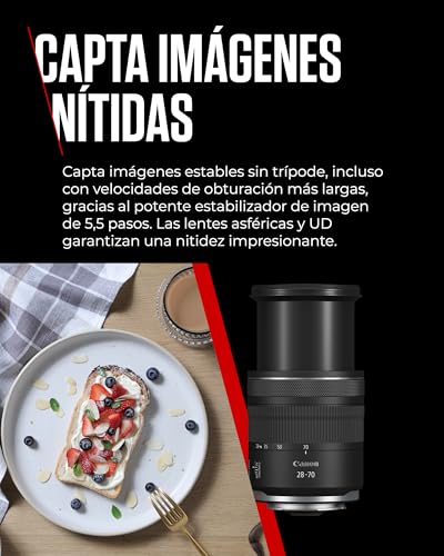 Objetivo zoom estándar Canon RF 28-70mm F2.8 IS STM para cámaras del sistema EOS R con estabilizador de imagen de 5,5 pasos sellado contra las inclemencias meteorológicas y un diseño compacto y ligero