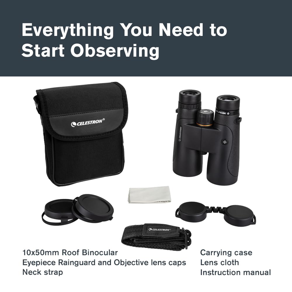 Celestron 72325 Nature DX 10x50: prismáticos para Exteriores y para observar Aves, con Revestimiento múltiple Completo y prismas BaK-4, Carcasa revestida de Goma Resistente al Agua y el vaho