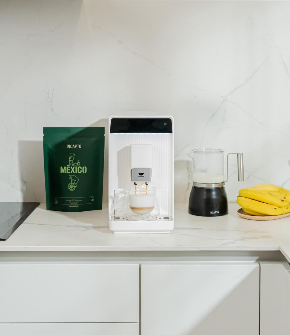 Incapto Aura Cafetera Superautomática | 19 Bares | Botón Doble Espresso | Cafetera de Grano Compacta y Diseño Elegante | Molinillo Regulable | Limpieza automática | Múltiples recetas (Blanco)