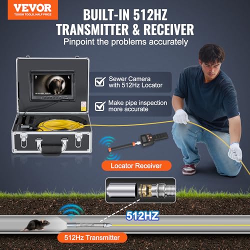 VEVOR Cámara de Alcantarillado con Localizador 512 Hz, 30 m, Cámara de Inspección de Drenaje con Nivelación Automática, Zoom 36X, 12 LED, Tarjeta 32 GB, para Tuberías de Conductos, 320 x 390 x 155 mm