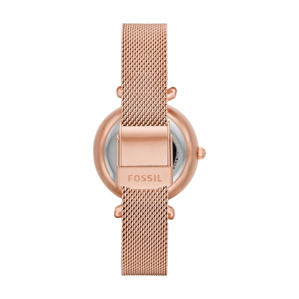Fossil Carlie Reloj para mujer, movimiento automático con malla de acero inoxidable o correa de piel, Blanco y oro rosa, 28MM