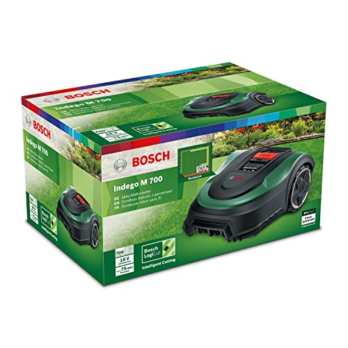 Bosch Robot cortacésped Indego M 700 (con batería de 18 V, base de carga incluida, ancho de corte de 19 cm, para áreas de césped de hasta 700 m² y en caja de cartón)