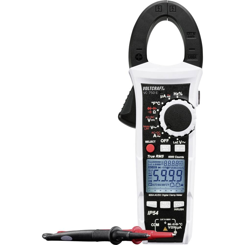 VOLTCRAFT VC-750 E - Pinza de corriente, multímetro manual calibrado (ISO), digital a prueba de salpicaduras (IP54) CAT IV 600 V indicador
